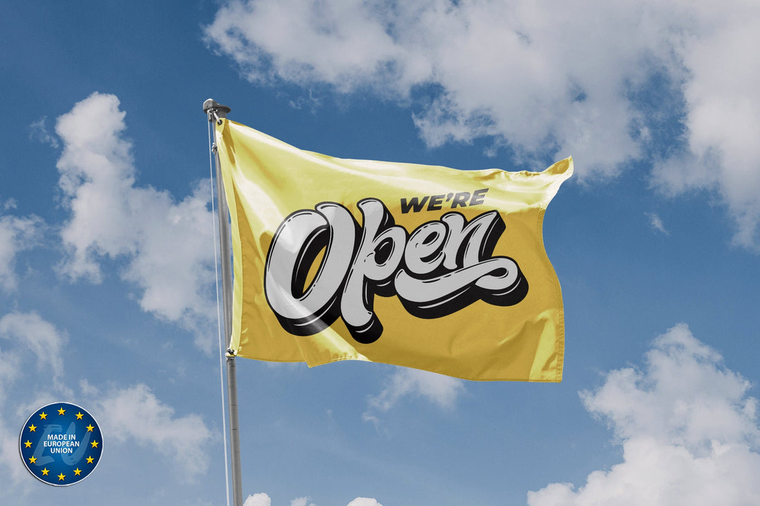 We're Open Yellow Flag - Flag Republic