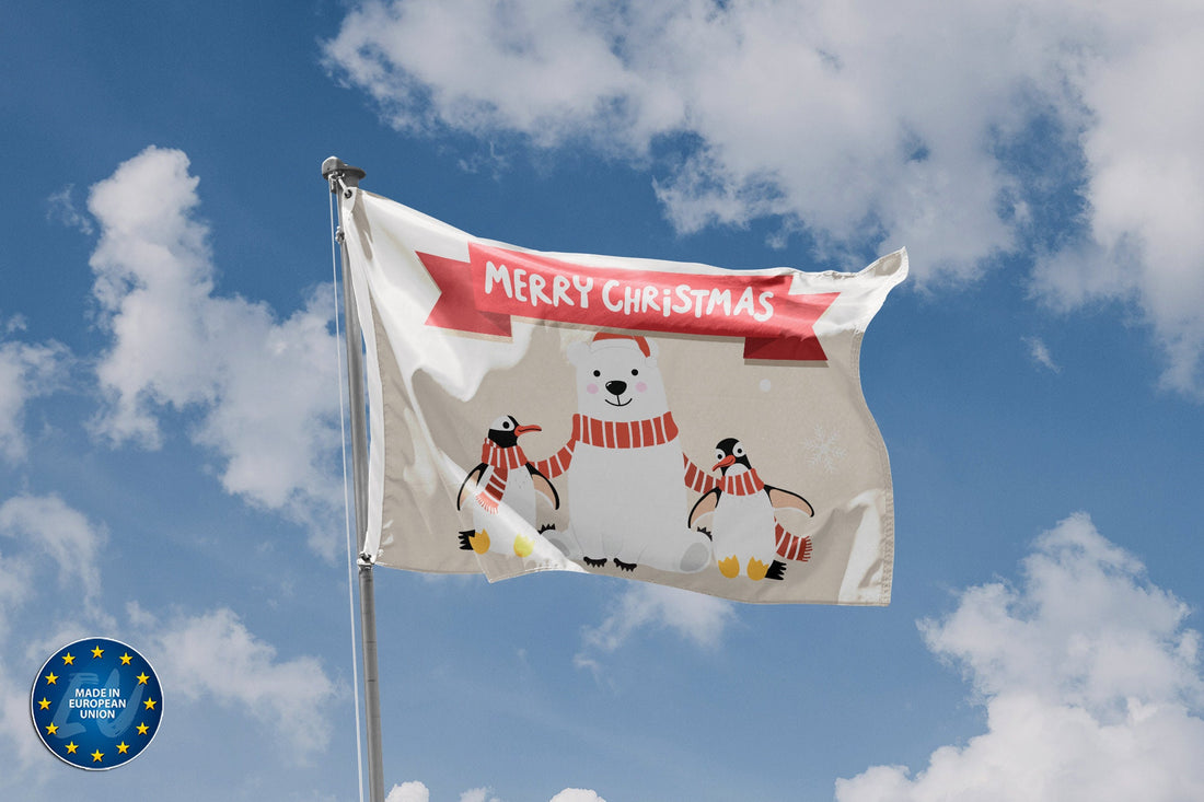 Merry Christmas Bear And Penguins Flag