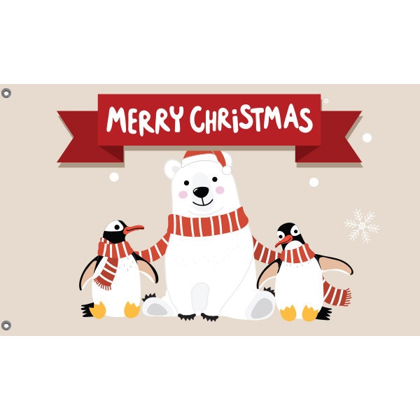 Merry Christmas Bear And Penguins Flag