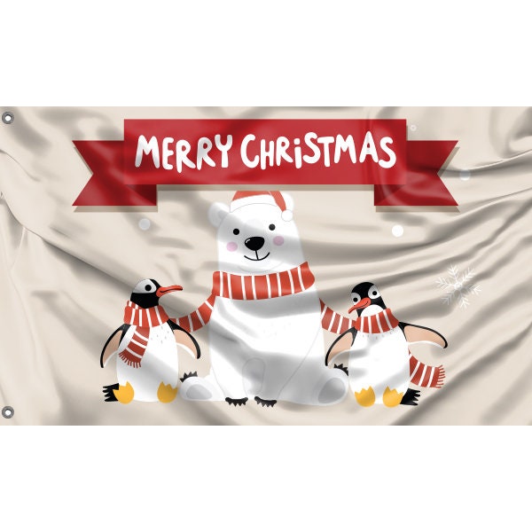 Merry Christmas Bear And Penguins Flag